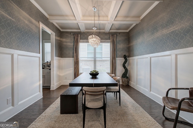 2657 Cedar Pine Way, Atlanta, GA 30360 - dining area featuring a decorative wall, coffered ceiling, wallpapered walls, a chandelier, and beamed ceiling