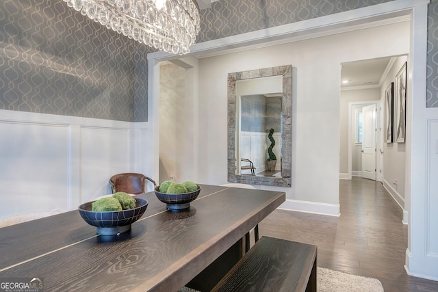 2657 Cedar Pine Way, Atlanta, GA 30360 - dining area with ornamental molding, wallpapered walls, hardwood / wood-style floors, and a chandelier