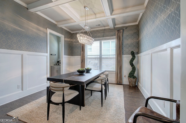 2657 Cedar Pine Way, Atlanta, GA 30360 - dining room with a decorative wall, coffered ceiling, dark wood finished floors, beamed ceiling, and a chandelier