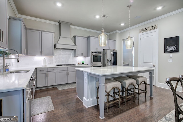 2657 Cedar Pine Way, Atlanta, GA 30360 - kitchen featuring gray cabinets, appliances with stainless steel finishes, wall chimney range hood, dark wood-type flooring, and recessed lighting
