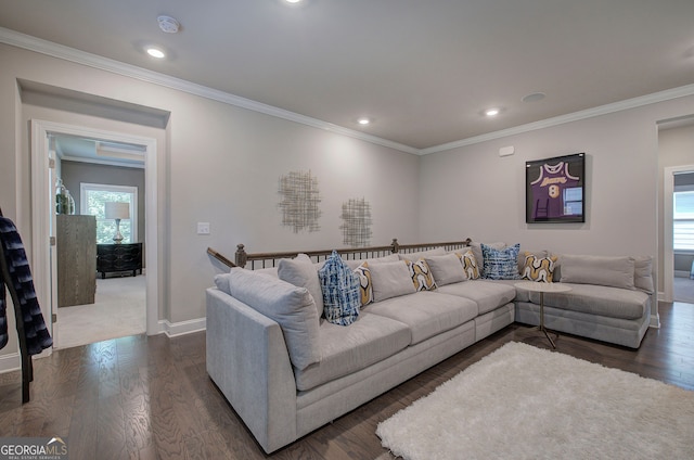 2657 Cedar Pine Way, Atlanta, GA 30360 - living room featuring crown molding, dark wood-style flooring, and recessed lighting