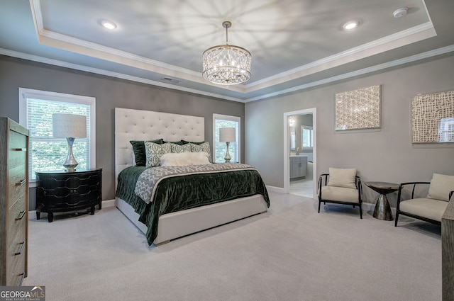 2657 Cedar Pine Way, Atlanta, GA 30360 - carpeted bedroom featuring a tray ceiling, crown molding, a chandelier, and ensuite bathroom