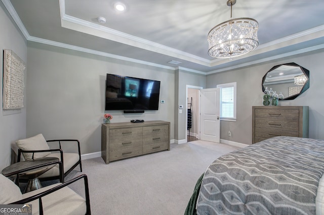 2657 Cedar Pine Way, Atlanta, GA 30360 - bedroom featuring a tray ceiling, a chandelier, light carpet, and ornamental molding