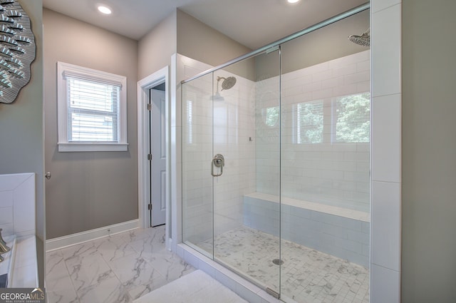 2657 Cedar Pine Way, Atlanta, GA 30360 - bathroom featuring a shower stall, recessed lighting, and marble finish flooring