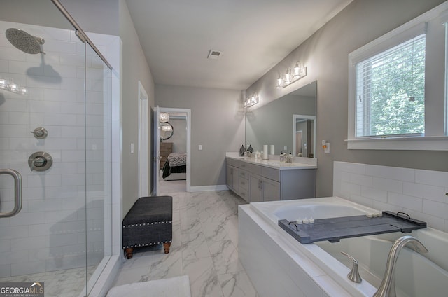 2657 Cedar Pine Way, Atlanta, GA 30360 - ensuite bathroom featuring a stall shower, a bath, marble finish floors, and vanity