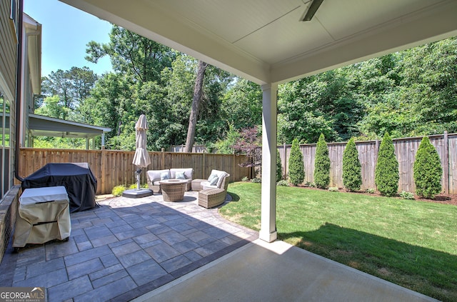 2657 Cedar Pine Way, Atlanta, GA 30360 - fenced backyard featuring a patio, an outdoor living space, ceiling fan, and a grill