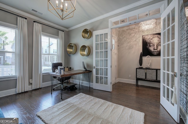 2657 Cedar Pine Way, Atlanta, GA 30360 - office with french doors, a chandelier, healthy amount of natural light, and crown molding