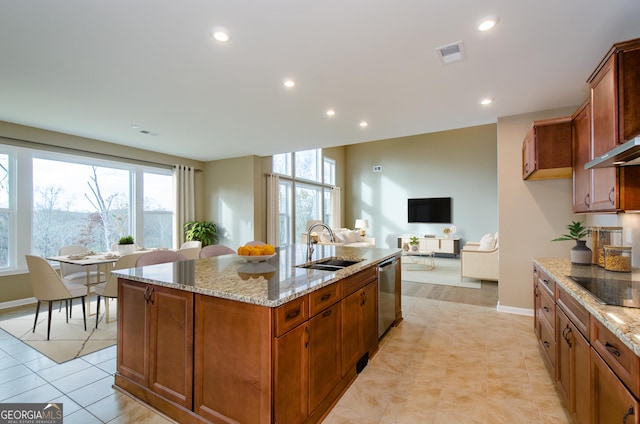 8555 Scenic Ridge Way, Ball Ground, GA 30107 - kitchen featuring a sink, stainless steel dishwasher, a center island with sink, light stone countertops, and recessed lighting