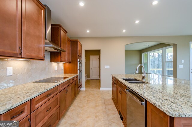 8555 Scenic Ridge Way, Ball Ground, GA 30107 - kitchen featuring a sink, stainless steel dishwasher, black electric stovetop, wall chimney exhaust hood, and decorative backsplash