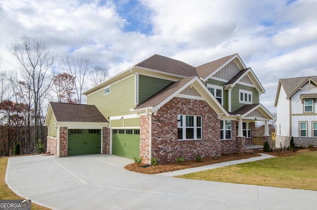 8555 Scenic Ridge Way, Ball Ground, GA 30107 - craftsman house featuring brick siding, concrete driveway, board and batten siding, an attached garage, and a front lawn
