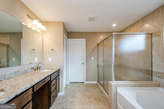 8555 Scenic Ridge Way, Ball Ground, GA 30107 - full bath with a shower stall, vanity, a garden tub, tile patterned flooring, and recessed lighting