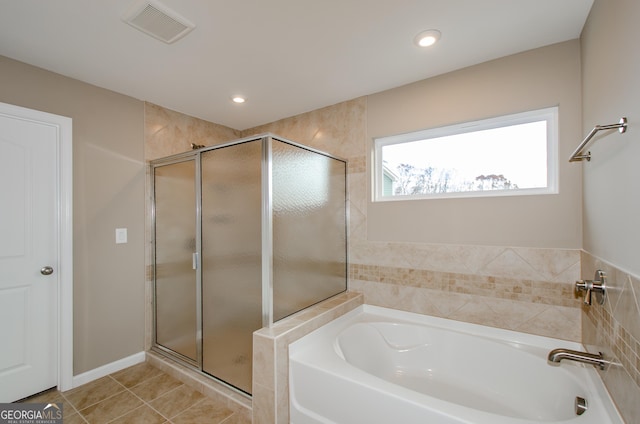 8555 Scenic Ridge Way, Ball Ground, GA 30107 - bathroom with a bath, a stall shower, tile patterned floors, and recessed lighting