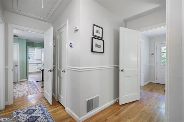 184 Rambo Pl SW, Marietta, GA 30064 - hall featuring light wood-style flooring, attic access, and baseboards