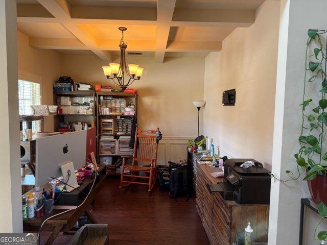 7613 Mockernut Way, Midland, GA 31820 - office with coffered ceiling, a chandelier, wood finished floors, and beam ceiling