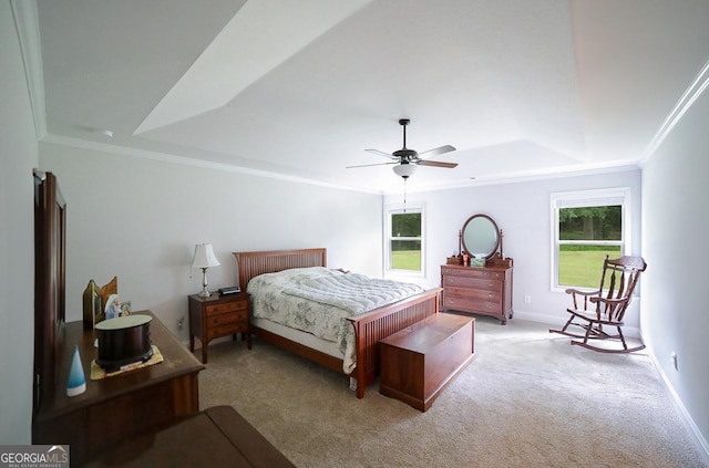 170 Kinsley Way, Statham, GA 30666 - bedroom featuring a tray ceiling, carpet, multiple windows, crown molding, and ceiling fan