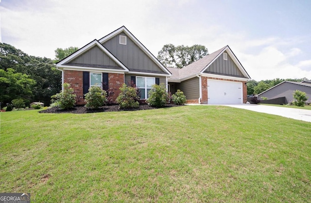 170 Kinsley Way, Statham, GA 30666 - craftsman-style home with board and batten siding, brick siding, driveway, a front lawn, and a garage