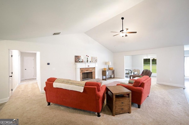 170 Kinsley Way, Statham, GA 30666 - living room with light colored carpet, a ceiling fan, lofted ceiling, and a brick fireplace