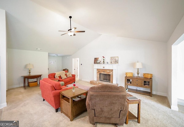 170 Kinsley Way, Statham, GA 30666 - living room with lofted ceiling, ceiling fan, light carpet, and a fireplace