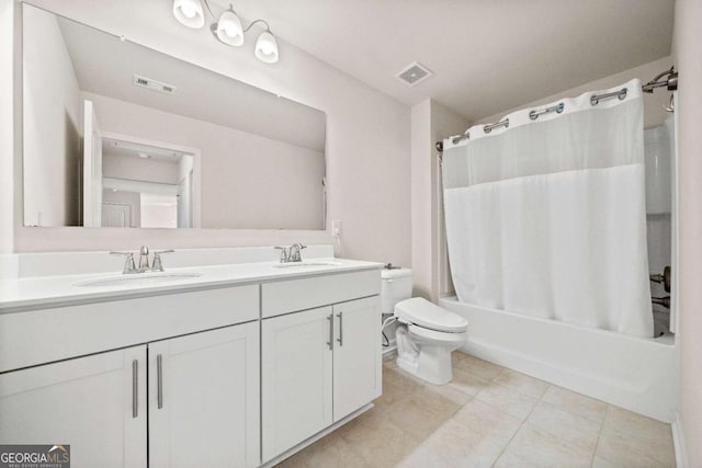 724 Broken Arrow, Waleska, GA 30183 - full bath featuring double vanity, toilet, shower / bathtub combination with curtain, and tile patterned floors