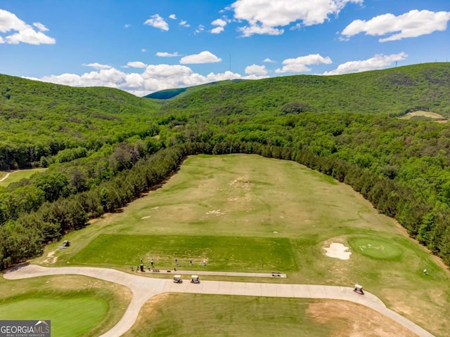 724 Broken Arrow, Waleska, GA 30183 - aerial view of a heavily wooded area, a mountain backdrop, and a golf course