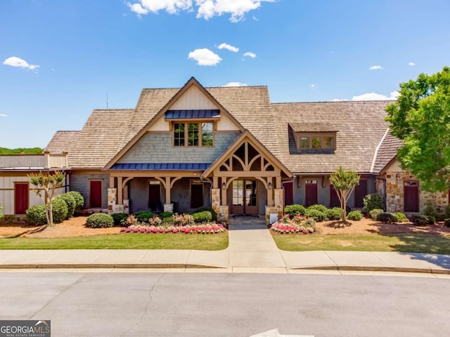 724 Broken Arrow, Waleska, GA 30183 - view of front of home featuring stone siding, a porch, and a standing seam roof