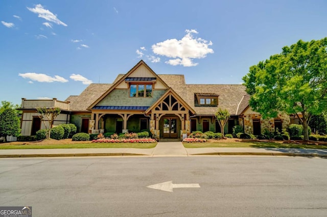 724 Broken Arrow, Waleska, GA 30183 - view of front of house with french doors, a standing seam roof, stone siding, and metal roof