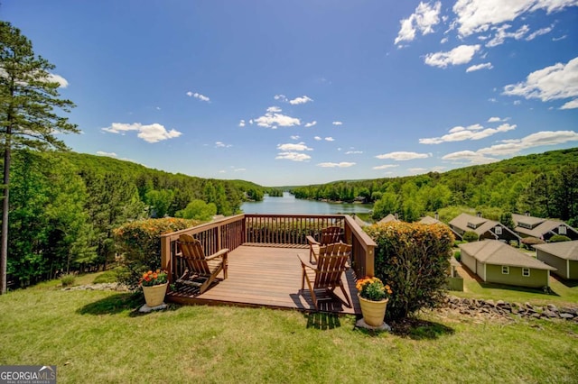 724 Broken Arrow, Waleska, GA 30183 - wooden terrace with a view of trees, a water view, and a lawn