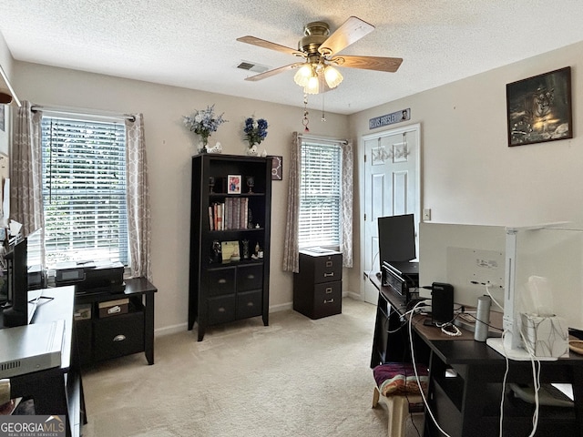 21 Picketts Rdg, Acworth, GA 30101 - office area featuring ceiling fan, light colored carpet, a textured ceiling, and baseboards