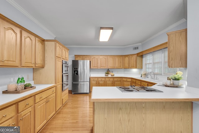 1285 Rivershyre Pkwy, Lawrenceville, GA 30043 - kitchen featuring stainless steel appliances, a peninsula, light wood-style floors, light countertops, and a sink