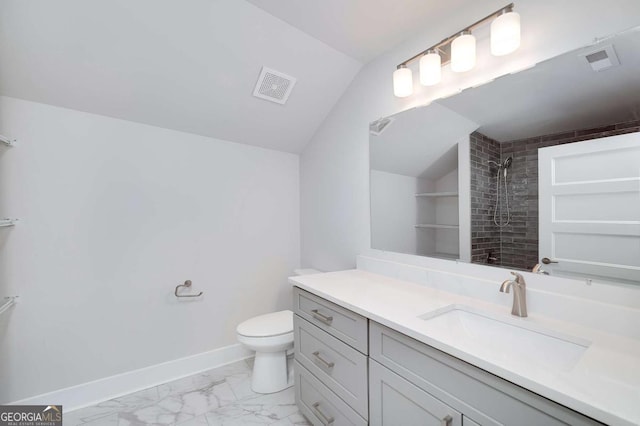 8380 Pleasant Grove Cir, Gainesville, GA 30506 - full bath featuring vanity, a tile shower, marble look tiles, lofted ceiling, and built in shelves
