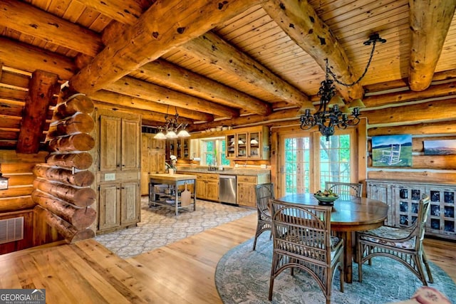 6487 W Old Highway 64 W, Warne, NC 28909 - dining area with a chandelier, light wood finished floors, wood ceiling with exposed beams, and log walls