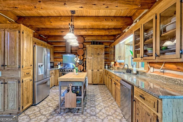 6487 W Old Highway 64 W, Warne, NC 28909 - kitchen featuring stainless steel appliances, a sink, wood counters, wood ceiling with exposed beams, and rustic walls