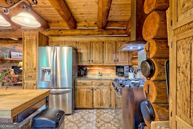6487 W Old Highway 64 W, Warne, NC 28909 - kitchen featuring appliances with stainless steel finishes, wood ceiling with exposed beams, wall chimney exhaust hood, and brown cabinets