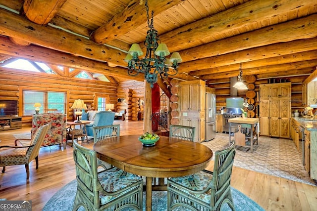 6487 W Old Highway 64 W, Warne, NC 28909 - dining room with log walls, light wood-style flooring, a chandelier, and wood ceiling with exposed beams