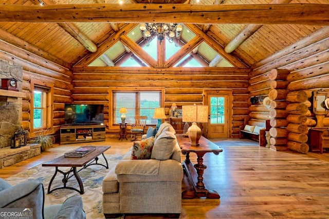 6487 W Old Highway 64 W, Warne, NC 28909 - living area with wood ceiling with exposed beams, wood-type flooring, a chandelier, high vaulted ceiling, and log walls