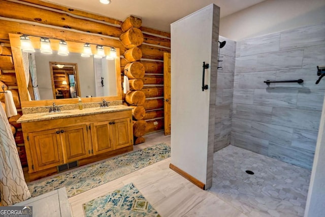 6487 W Old Highway 64 W, Warne, NC 28909 - full bath featuring rustic walls, tiled shower, double vanity, and recessed lighting