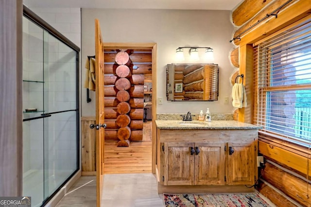 6487 W Old Highway 64 W, Warne, NC 28909 - full bathroom featuring rustic walls, a tile shower, and vanity