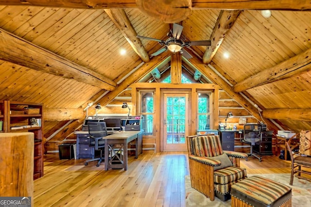 6487 W Old Highway 64 W, Warne, NC 28909 - office area featuring rustic walls, wood-type flooring, wooden ceiling, and a ceiling fan
