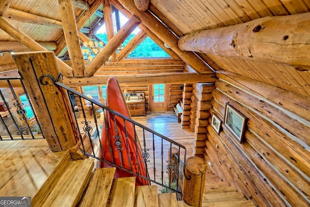 6487 W Old Highway 64 W, Warne, NC 28909 - staircase featuring log walls, hardwood / wood-style flooring, and wood ceiling