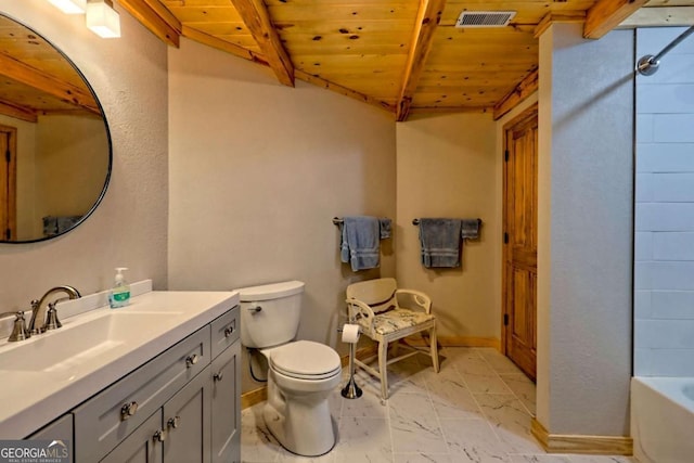 6487 W Old Highway 64 W, Warne, NC 28909 - full bath with wood ceiling with exposed beams, toilet, marble look tile flooring, baseboards, and vanity