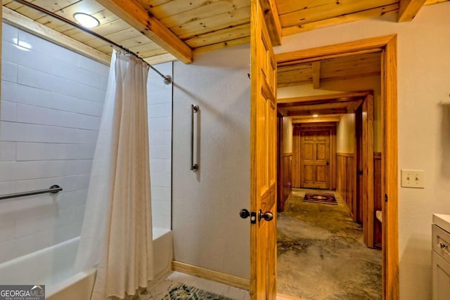 6487 W Old Highway 64 W, Warne, NC 28909 - full bathroom featuring shower / tub combo with curtain, vanity, and wooden ceiling with exposed beams