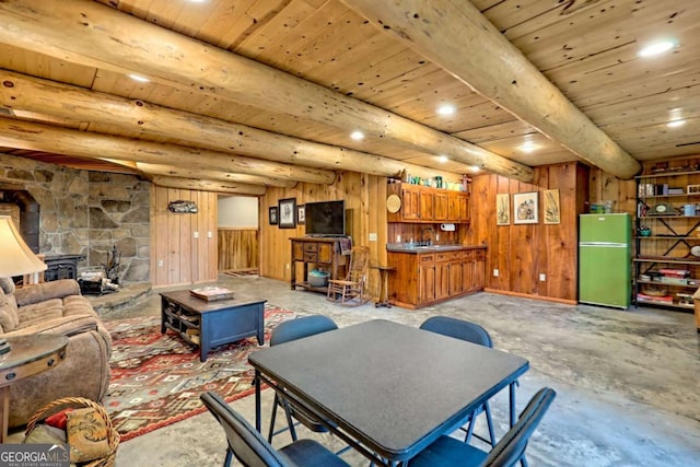 6487 W Old Highway 64 W, Warne, NC 28909 - living room featuring wooden ceiling with exposed beams, recessed lighting, wood walls, and a wood stove
