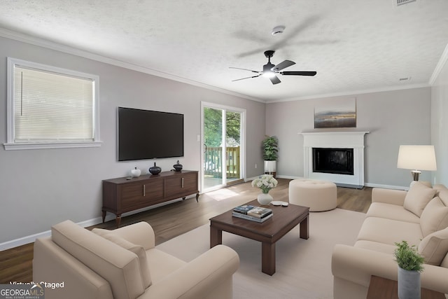 2894 Cushing Ct, Jonesboro, GA 30236 - living room featuring wood finished floors, ceiling fan, crown molding, a glass covered fireplace, and baseboards