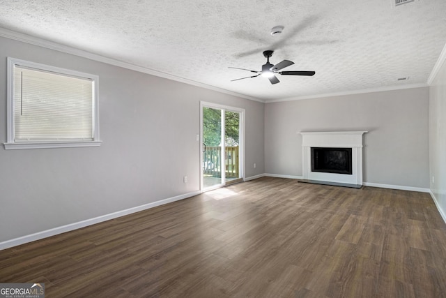 2894 Cushing Ct, Jonesboro, GA 30236 - unfurnished living room featuring dark wood-style floors, ceiling fan, a fireplace with raised hearth, crown molding, and baseboards