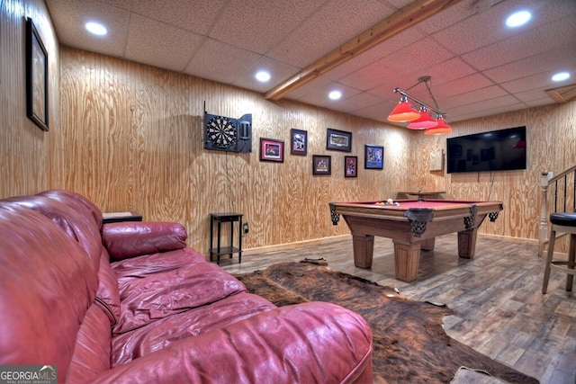 294 Oakwood Trl, Mineral Bluff, GA 30559 - rec room featuring billiards, baseboards, wood finished floors, recessed lighting, and a drop ceiling