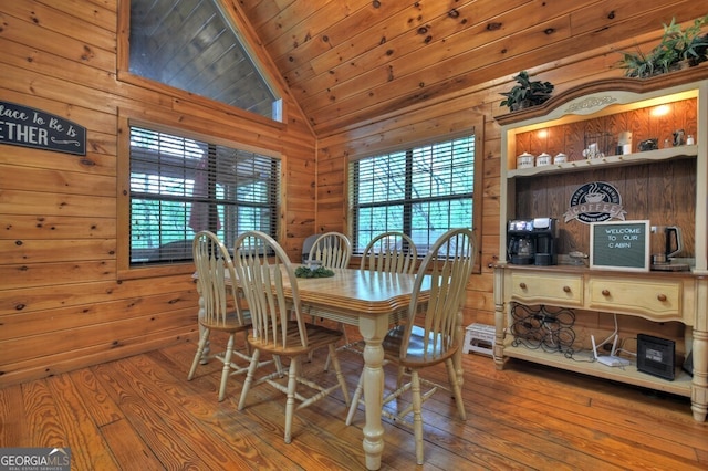 294 Oakwood Trl, Mineral Bluff, GA 30559 - dining area featuring lofted ceiling, wooden walls, hardwood / wood-style flooring, and wooden ceiling