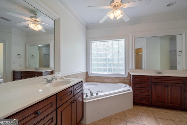 5620 Barnett Shoals Rd, Athens, GA 30605 - bathroom featuring ceiling fan, two vanities, a bath, tile patterned flooring, and ornamental molding