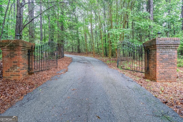5620 Barnett Shoals Rd, Athens, GA 30605 - view of asphalt driveway with a gate, a wooded view, and a gated entry
