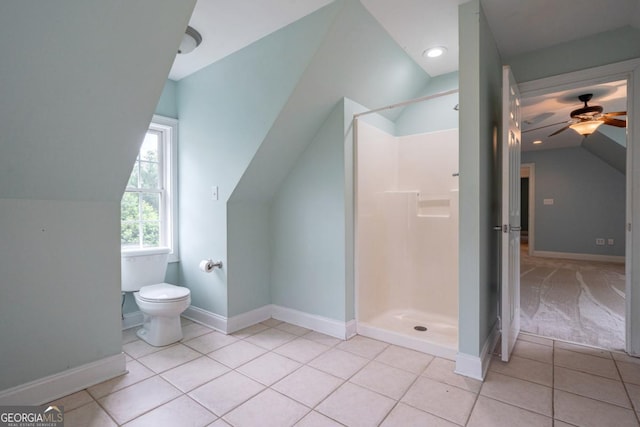 5620 Barnett Shoals Rd, Athens, GA 30605 - bathroom featuring lofted ceiling, a shower stall, tile patterned floors, and ceiling fan