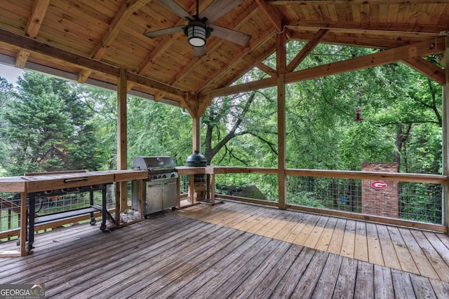 5620 Barnett Shoals Rd, Athens, GA 30605 - wooden deck with a ceiling fan and area for grilling